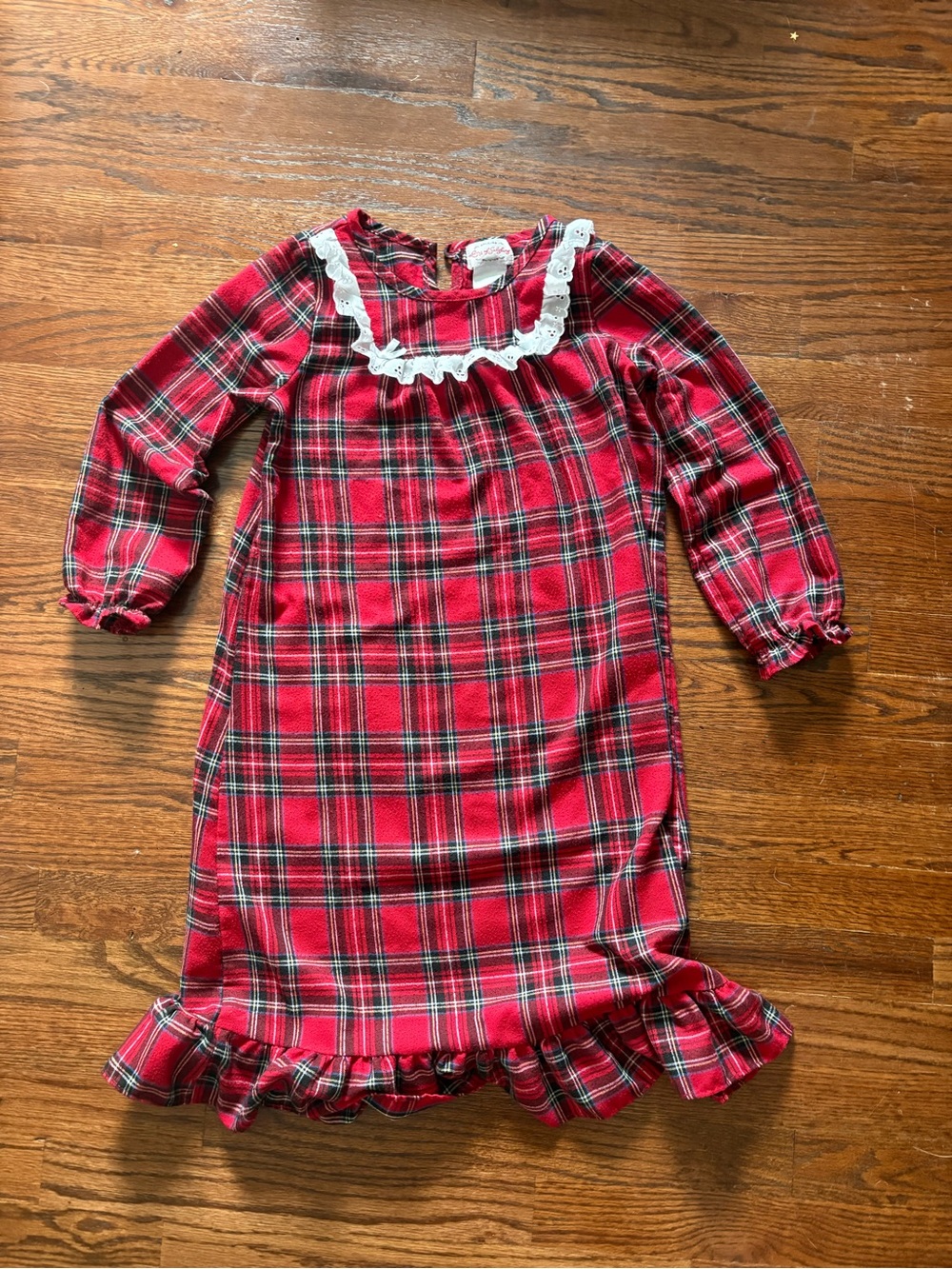Girls Red Plaid Nightgown with Lace Yoke